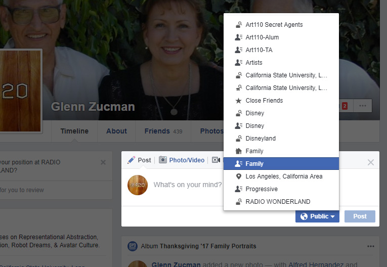 screen capture of showing how to select a specific Friends List for a Facebook post